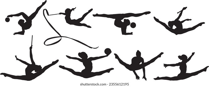 Elegant Female Gymnastics Silhouettes - Vector Art Collection, Artistic Gymnast Silhouette Set, Women's Artistic Gymnastics Vector Collection