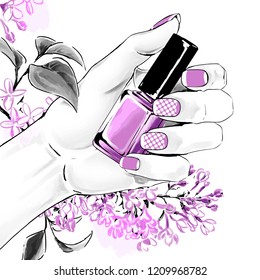 elegant female hand with beautiful french manicure holding nail polish. Purple flowers are on background. Vector watercolor fashion illustration with woman hand for beauty shop and manicure salon