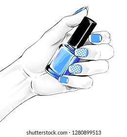 An elegant female hand with a beautiful french manicure holding nail polish. Vector watercolor  fashion illustration with a woman hand for beauty shop and manicure salon.


