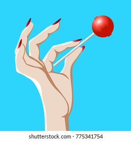 Elegant female hand holding a Lollipop.Vector illustration.