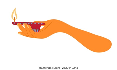 Elegant female hand holding traditional Indian oil lamp diya. Festival Diwali, Deepavali lantern with wick burning fire flame. Flat vector illustration isolated. Design for card, invitation, poster