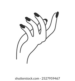 Mão feminina elegante com unhas longas. Símbolo polido. Ícone da linha Manicure. Contorno da ilustração do vetor de gesto feminino. Pose de rabiscar.