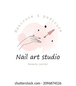 Elegant female hand. Manicure and pedicure concept. Vector Illustration in trendy outline style. Design element for web icons, nail art studio or spa salon logo.