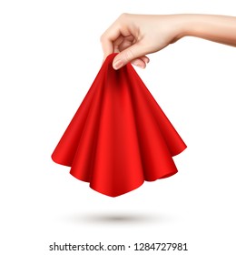 Elegant female hand raising red silk round draped silk cloth holding it center realistic image vector illustration