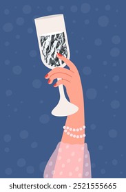 Elegant female hand with shiny silver drink in glass on blue background. Vector illustration 