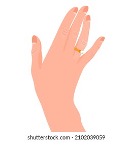 Elegant female hand showing the engagement ring with a sparkling diamonds. Trendy hand-drawn vector cartoon flat illustration isolated on white background.