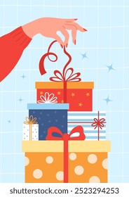 Elegant female hand unties bow from gift on pile of gift boxes. Big gift mountain. Vector illustration. Holiday decoration card