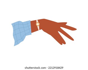 Mano femenina elegante con reloj de pulsera, ilustración vectorial plana aislada en fondo blanco. Reloj mecánico clásico en la muñeca de la mujer. Concepto de gestión del tiempo.