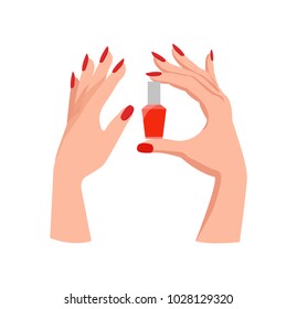 Elegant female hands with bright red manicure hold small bottle of gel nail polish isolated cartoon flat vector illustration on white background.