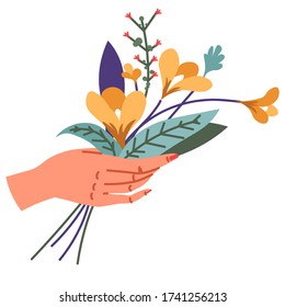Elegant female hands holding flowers with blooming and foliage. Decorative bouquet, floristic composition with leaves and flourishing. Romantic gift for valentines or mothers day, vector in flat
