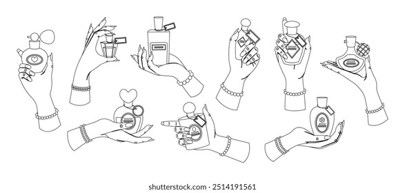 Elegant Female Hands Holding Perfume Bottles Showcasing Style And Glamour In Black And White Outline Design