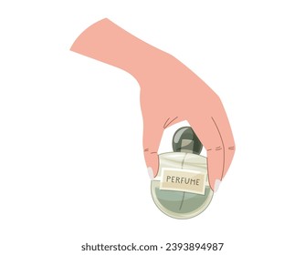 Elegant female hands with manicure holding a glass green bottle of perfume. Vector isolated fashion illustration, fragrant eau de parfum.