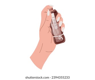 Elegant female hands with manicure holding a glass bottle of perfume. Vector isolated fashion illustration, fragrant eau de parfum.