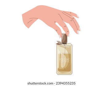Elegant female hands with manicure holding a glass yellow bottle of perfume. Vector isolated fashion illustration, fragrant eau de parfum.