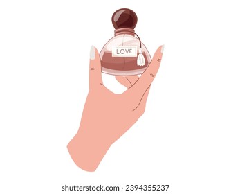 Elegant female hands with manicure holding a glass red bottle of perfume. Vector isolated fashion illustration, fragrant eau de parfum.