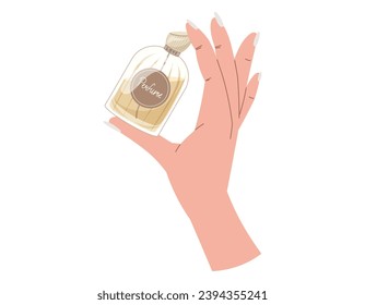 Elegant female hands with manicure holding a glass yellow bottle of perfume. Vector isolated fashion illustration, fragrant eau de parfum.