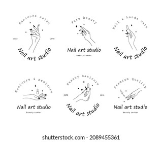 Elegant female hands. Manicure and pedicure concept. Vector Illustration in trendy outline style. Design element for web icons, nail art studio or spa salon logo.