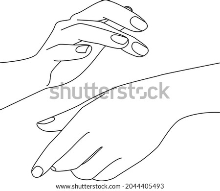 Elegant female hands, Realistic woman Gestures, putting on skincare, Line Art, Vector Illustration