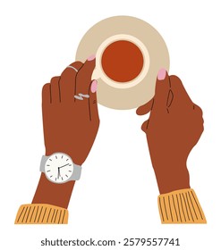 Elegant female hands taking hot coffee cup from saucer. Noble female fingers holding small porcelain teacup. Teatime, coffee break concept. Flat vector illustration isolated on white background