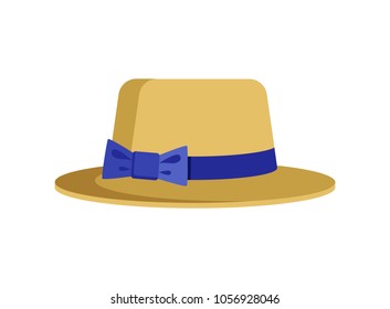 Elegant female hat with blue stripe and cute bow, oval shape, vector illustration isolated on white background, bright pattern of summer headwear