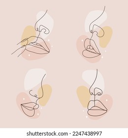 Silueta elegante de labios femeninos. Conjunto de logotipos para estudio permanente. Esbozo dibujado a mano que las mujeres enfrentan en puntos de color. Ilustración vector abstracta en un estilo de línea. Diseño de moda de belleza.