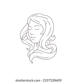 Retrato femenino elegante con el hermoso logo de línea minimalista de pelo largo para la ilustración vectorial de peluquería. Mujer cara curva peinado monocromo icono de la moda cosmetológica coiffuro cosmética