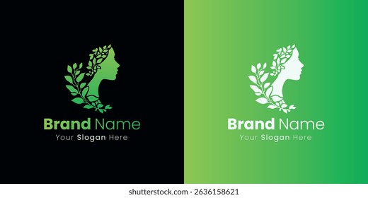 Elegant Female Profile Logo With Leaves For Beauty And Wellness Business Identity
