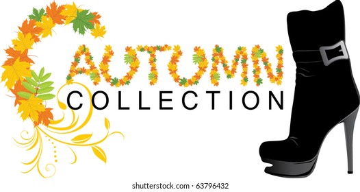 Elegant female shoe and maple leaves. Autumn collection. Vector