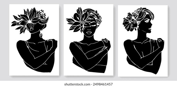 Elegant Female Silhouette Beauty Boho Drawing Prints Wall Art Set. Woman Fashion Minimal Trendy Illustration. Woman with Flowers Minimal Drawing for Wall Art, Home Decor, Fashion Design. Vector EPS 10