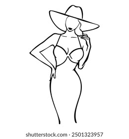 Elegante weibliche Silhouette Beauty Line Art Drawin. Damen Mode minimale trendige Illustration. Frau in elegantem Kleid und Hut minimale Linienzeichnung für Wandkunst, Home Decor, Modekunst. Vektor EPS 10