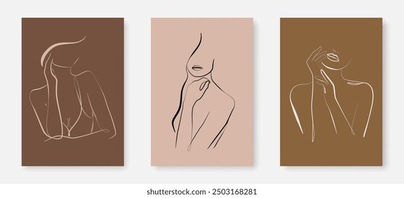 Conjunto de dibujo de arte de línea de belleza de silueta femenina elegante. Ilustración de moda minimalista de la moda de la mujer. Mujer con flores, hojas de dibujo de línea mínima para el arte de la pared, decoración del hogar, arte de la moda. Vector EPS 10