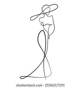 Elegant Female Silhouette Continuous One Line Drawing. Woman Fashion Dress Minimal Trendy Illustration. Woman Silhouette Minimal Line Drawing for Wall Art, Home Decor, Fashion Art. Vector EPS 10