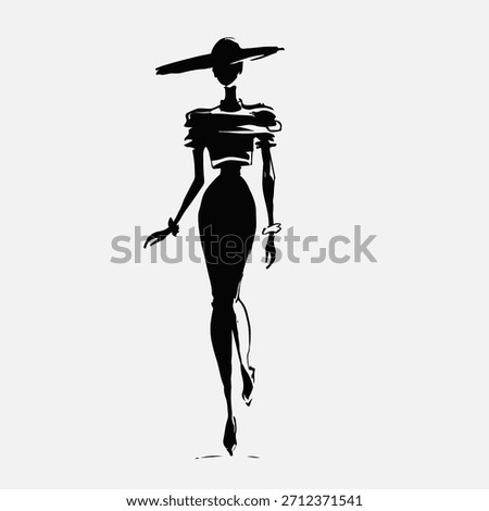 Elegant Female Silhouette in Hat Abstract Monochrome Vector Illustration. Woman Dress Elegant Portrait. Minimalist Fashion Illustration.	