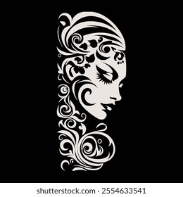 Elegant Female Silhouette with Intricate Floral and Swirl Patterns on Black Background