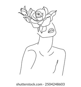 Elegant Female Silhouette Line Art Drawing. Woman with Flowers on Head Fashion Style Black Sketch Isolated on White Background. Female Figure Abstract Minimalist Silhouette. Vector EPS 10