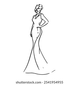 Elegant Female Silhouette Line Art Sketch Drawing. Woman Wedding Dress Minimalist Fashion Illustration. Woman Portrait Minimal Sketch Drawing. Abstract Line, Home Decor, Wall Art. Vector EPS 10