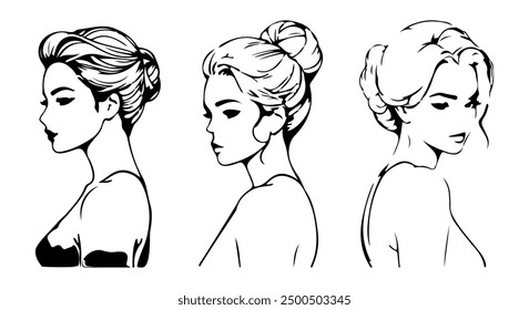 Elegant Female Silhouettes Abstract Line Art Drawing Set. Woman Fashion Style Black Sketch Isolated on White Background. Female Figure Abstract Minimalist Silhouette. Vector EPS 10