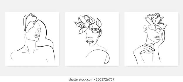 Siluetas femeninas elegantes con el sistema Abstractas del dibujo del arte de la línea de las flores. Boceto negro del estilo de la moda de la mujer aislado en el fondo blanco. Silueta minimalista Abstractas de la figura femenina. Vector EPS 10