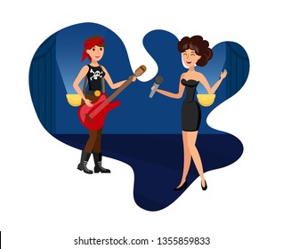 Elegant Female Singer and Rock Star Illustration. Rock Band Young Performer Playing Guitar. Vocalist Woman on Stage with Music Accompaniment. Night Club, Concert Hall Event Poster Design Element