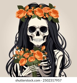 An elegant female skeleton with long black hair and a floral wreath on her head holds a bouquet of orange flowers in her hand. Vector.. No artificial intelligence was used to create the illustration. 