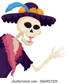 Elegant female skeleton saluting at you, wearing a fancy hat decorated with marigold flowers and blue feather, coat and furry scarf.