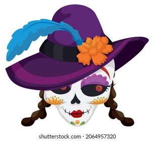 Elegant female skull -like a Catrina character-, decorated with traditional Mexican patterns, hat with flower, feather and braided hair, ready for Day of the Dead celebration.