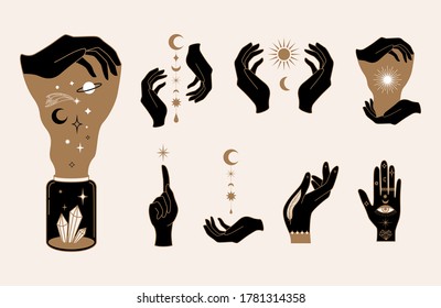 Elegant female witchy hands. Set of abstract hand drawn Vector illustrations. Logo design templates in trendy minimalistic style. Witchcraft, Boho, Fashion, esoteric concept