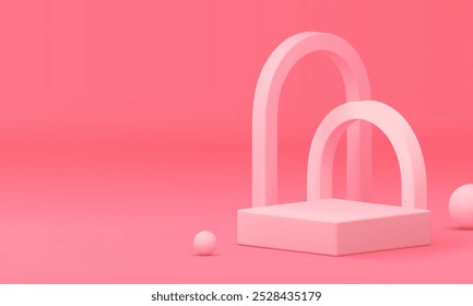 Elegant feminine 3d geometric podium pedestal mockup for show realistic vector illustration. Pink pastel minimalist pedestal display squared platform with arch wall background sphere for presentation