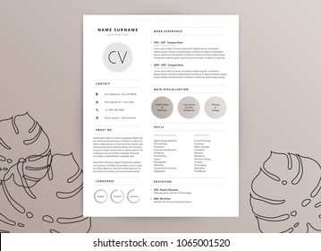 Elegant feminine CV resume template 	
- elegant stylish design - beige color background with monstera leaves line art - vector illustration