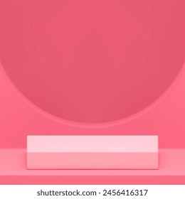 Elegant feminine geometric 3d podium pedestal pink showroom hole wall background realistic vector illustration. Neutral squared stand with abstract circle backdrop mock up beauty cosmetic product show
