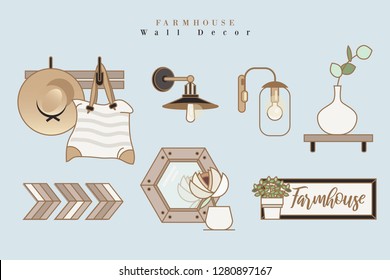 Elegant feminine icons depicting farmhouse country style living interior decorating