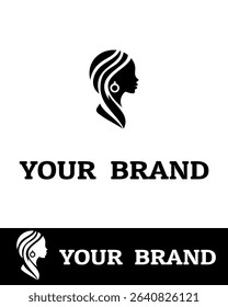 Elegant feminine logo design featuring a woman's silhouette with flowing hair and hoop earring, perfect for beauty salons, hairdressers, cosmetics, fashion brands, etc