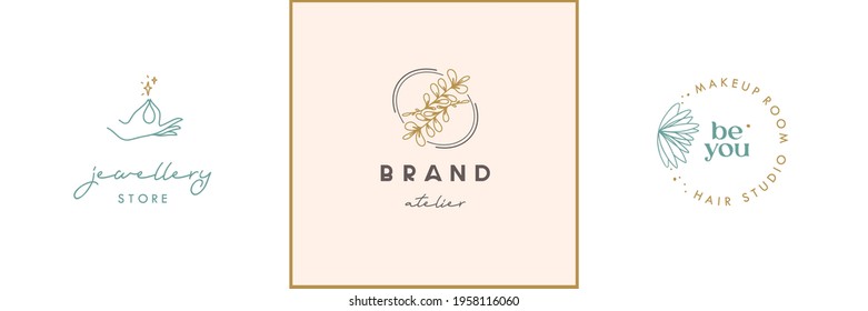 Elegant feminine logo set with botanical floral elements. Template for florist,atelier,  jewellery, organic cosmetics, photography, boutique, wedding, spa. Graphic design and illustration. Editable