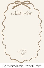 An elegant and feminine nail art template with a wavy gold frame, a bow at the top, floral line art at the bottom, and a central blank space for showcasing designs.